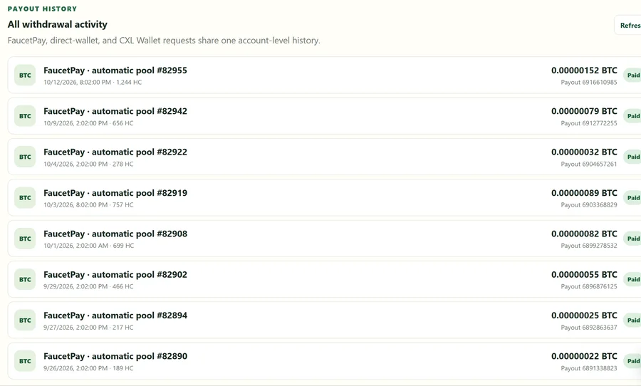 Crypto Crops payout history showing 8 paid withdrawals