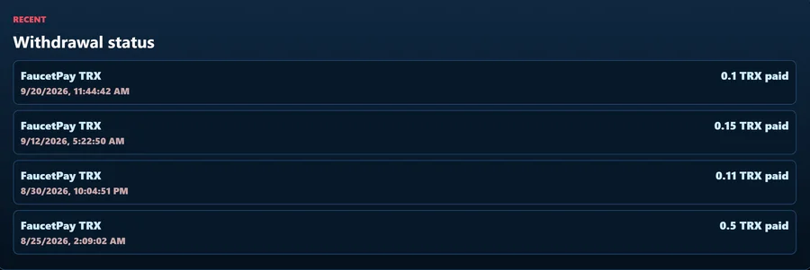 TRX Miner payout history showing 4 paid withdrawals